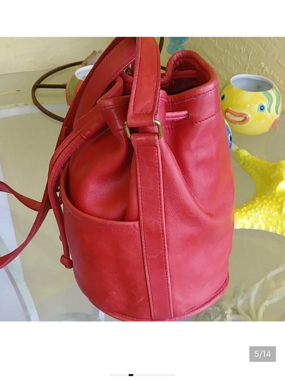 Coach Red Leather Drawstring Crossbody Bucket Bag - Picture 4 of 9